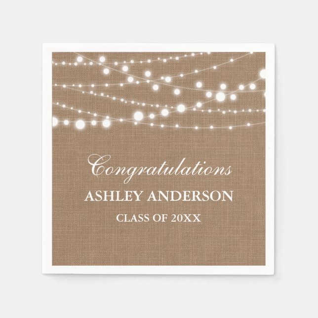 Rustic Burlap Lights Graduation Party Paper Napkins (Front)