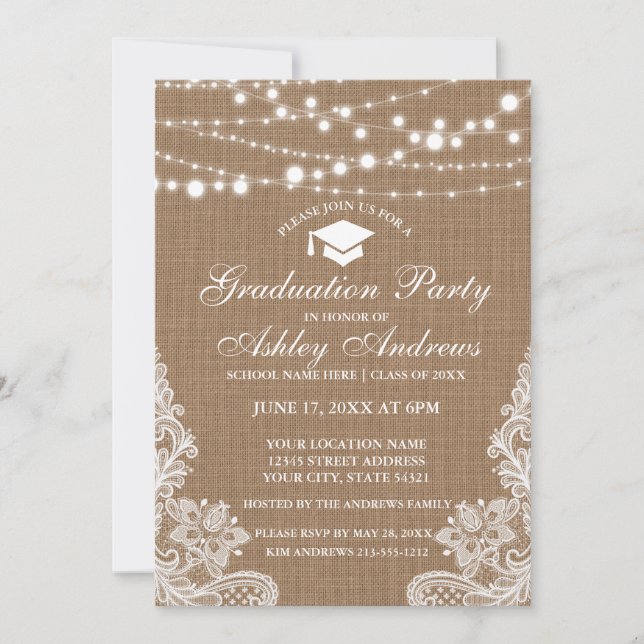 Rustic Burlap Lights Lace Graduation Invitation W (Front)