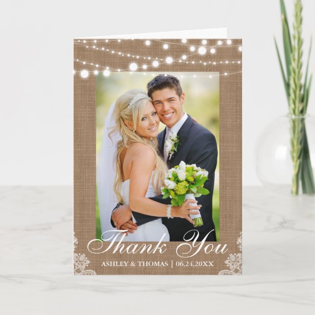 Rustic Burlap Lights Lace Wedding Thank You Fold (Front)