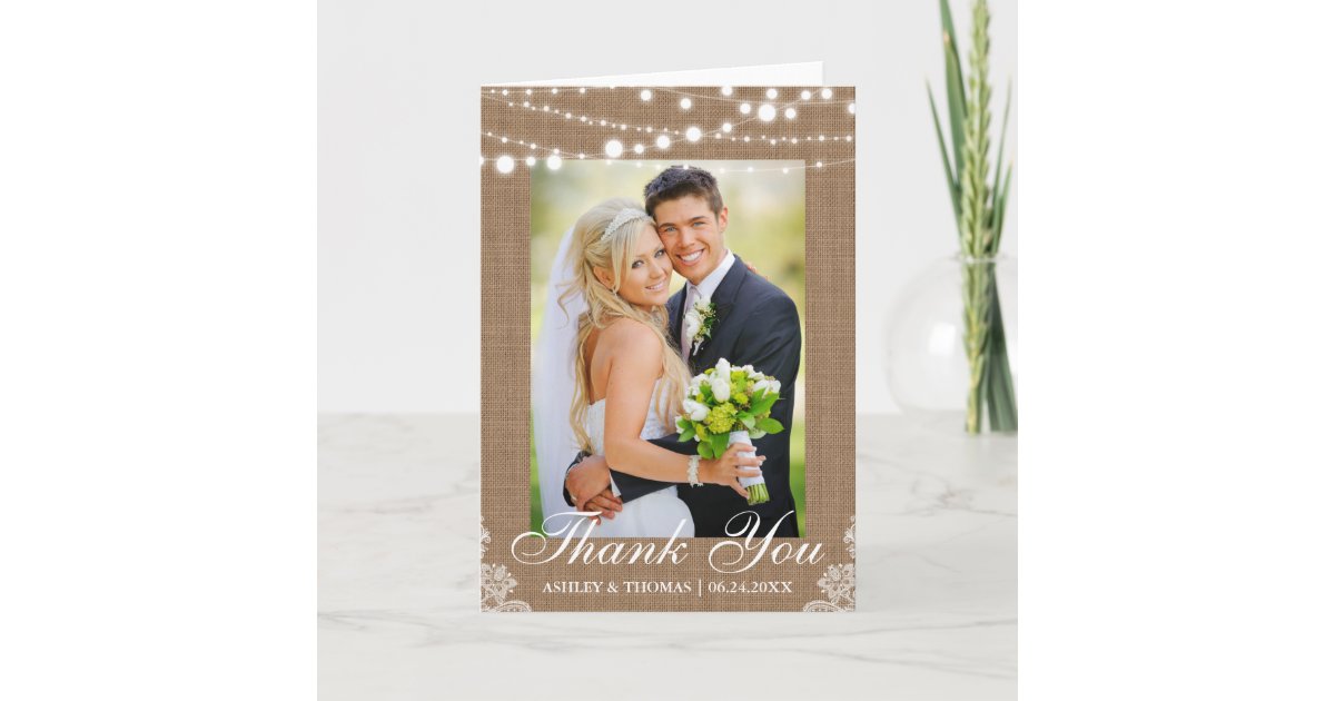Rustic Burlap Lights Lace Wedding Thank You Fold | Zazzle
