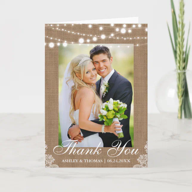 Rustic Burlap Lights Lace Wedding Thank You Fold | Zazzle