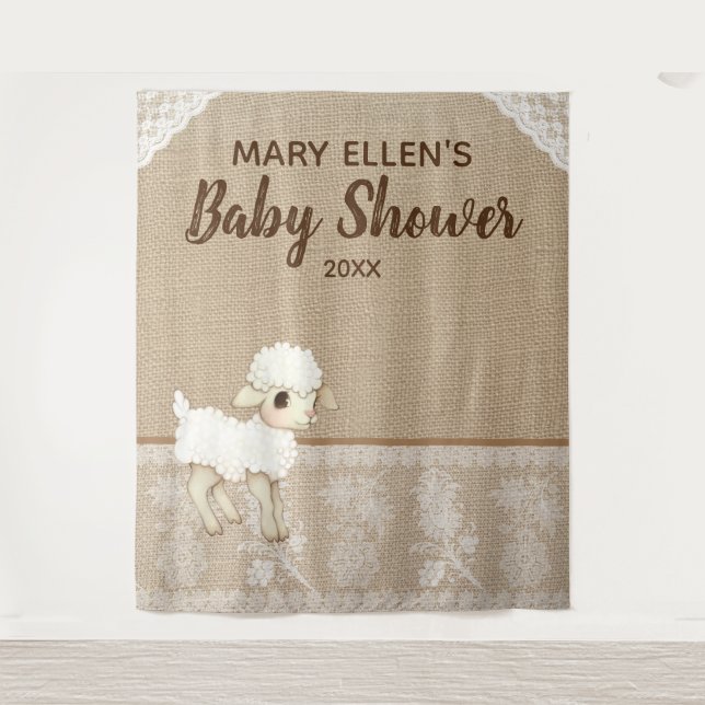 Rustic Burlap Little Lamb Baby Shower Backdrop (Front)