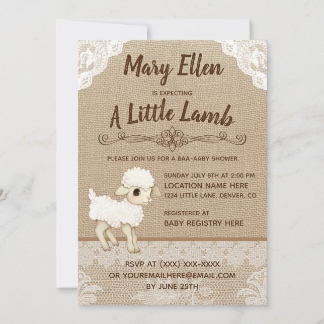 Rustic Burlap Little Lamb Baby Shower Invitation (Front)