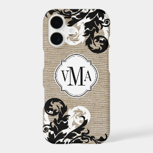 Rustic Burlap Look and Flourish Monogram iPhone 17 Case