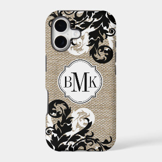 Rustic Burlap Look and Flourish Monogram iPhone 17 Case