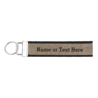 Rustic Burlap-Look Brown Printed Background Wrist Keychain