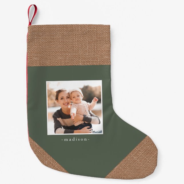 Rustic Burlap Look Green Christmas Photo Stocking (Front)