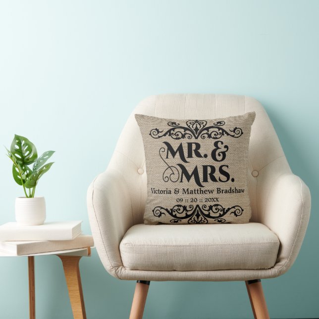 Rustic Burlap Look Mr. and Mrs. Wedding Throw Pillow (Chair)
