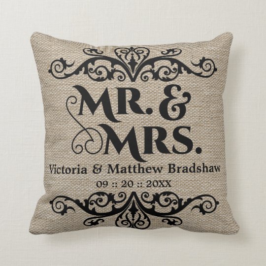 Rustic Burlap Look Mr. and Mrs. Wedding Throw Pillow