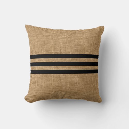 Rustic Burlap Look with Classic Black Stripes Throw Pillow