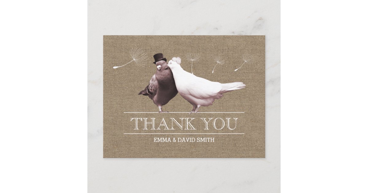 Rustic Burlap Love Birds Thank You Postcard | Zazzle