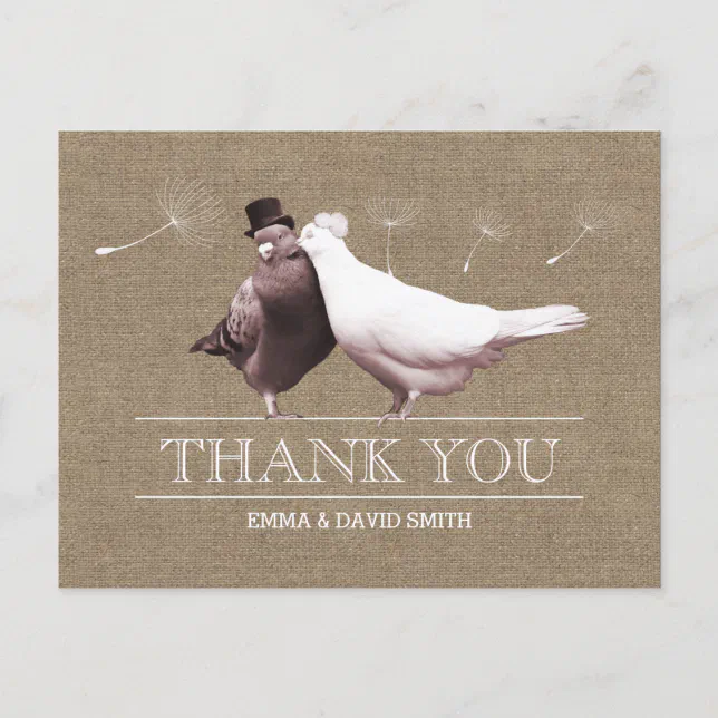 Rustic Burlap Love Birds Thank You Postcard | Zazzle