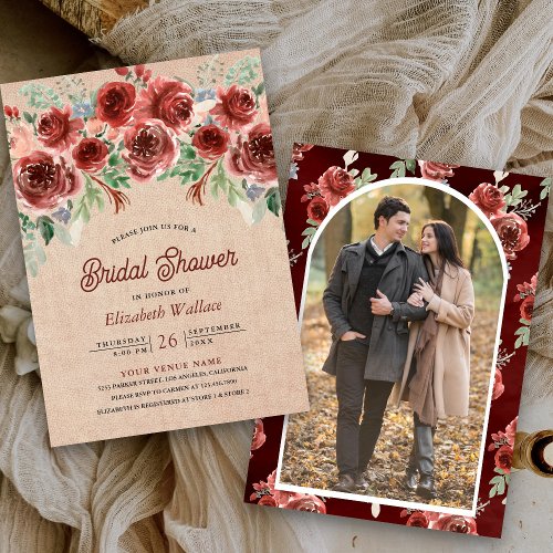 Rustic Burlap Marsala Floral Photo Bridal Shower Invitation