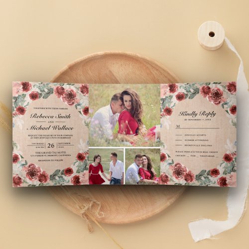 Rustic Burlap Marsala Floral Photo Collage Wedding Tri_Fold Invitation