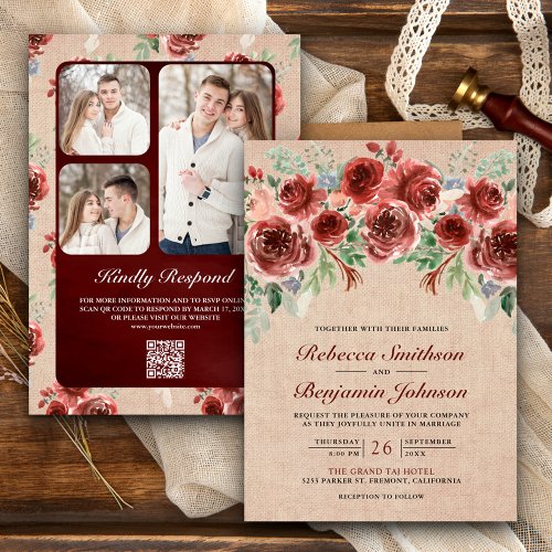 Rustic Burlap Marsala Floral Photo QR Code Wedding Invitation