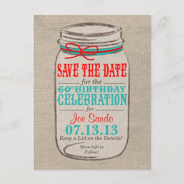 Rustic Burlap & Mason Jar 60 Birthday Invite (Front)