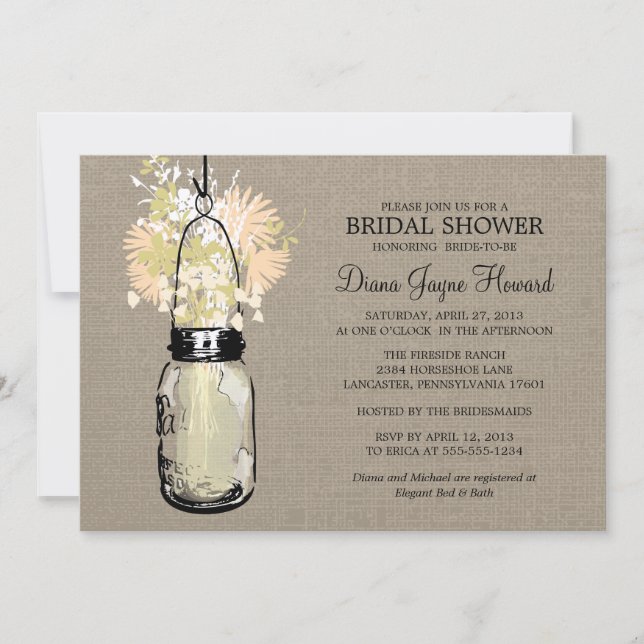 Rustic Burlap Mason Jar and Wildflowers Invitation (Front)