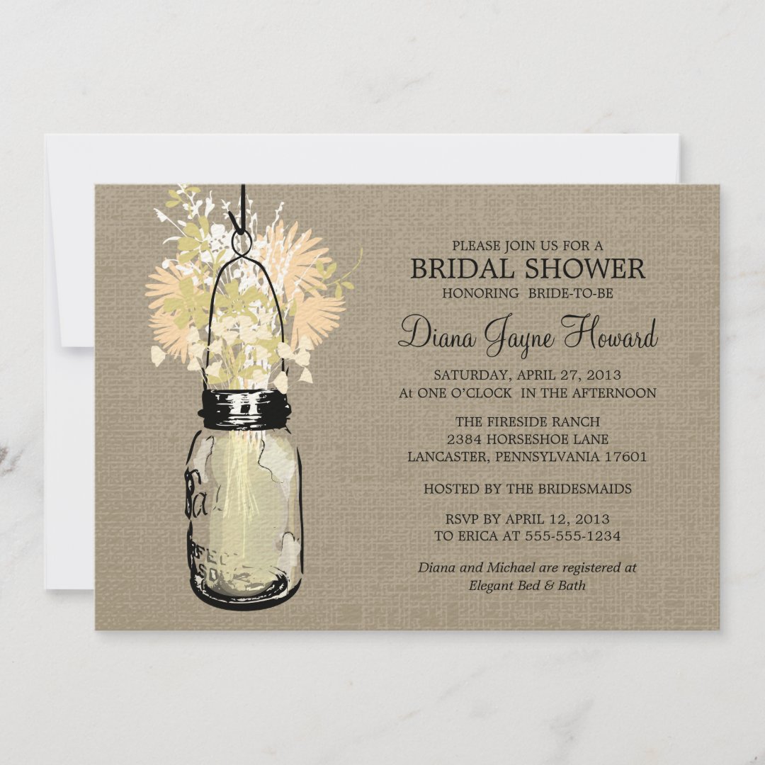 Rustic Burlap Mason Jar And Wildflowers Invitation Zazzle