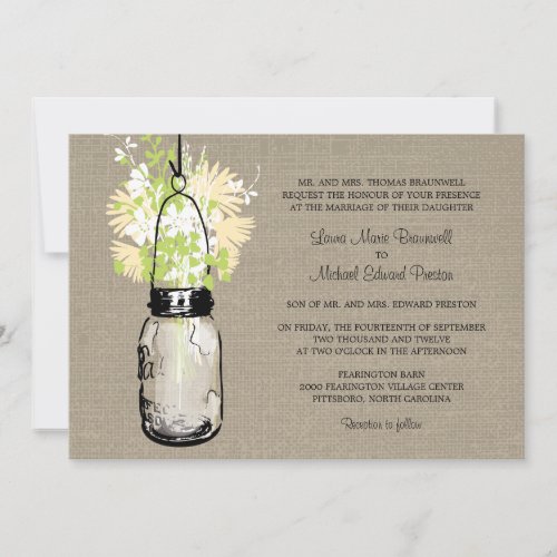 Rustic Burlap Mason Jar and Wildflowers Wedding Invitation