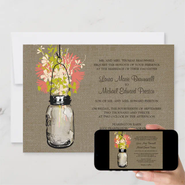 Rustic Burlap Mason Jar And Wildflowers Wedding Invitation Zazzle