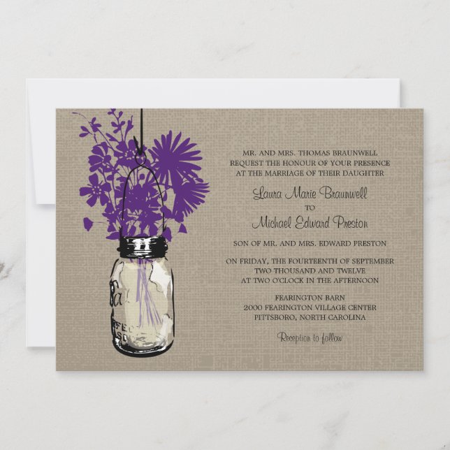 Rustic Burlap Mason Jar and Wildflowers Wedding Invitation (Front)