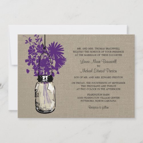 Rustic Burlap Mason Jar and Wildflowers Wedding Invitation