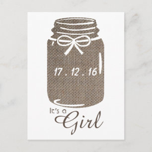 Rustic Burlap Mason Jar Baby Girl Announcement