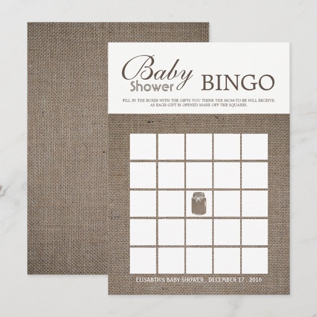 Rustic Burlap Mason Jar Baby Shower Bingo Invitation (Front/Back)