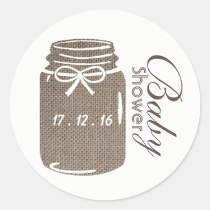 Rustic Burlap Mason Jar Baby Shower Classic Round Sticker