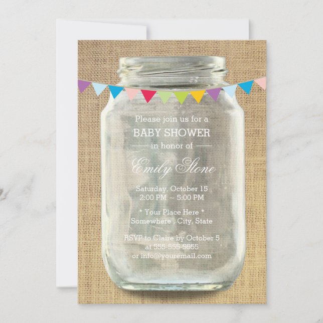 Rustic Burlap Mason Jar Baby Shower Invitation (Front)