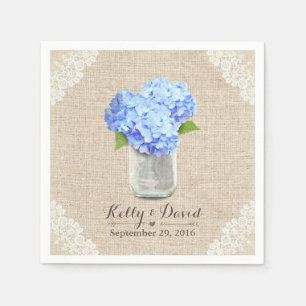 Rustic Burlap Mason Jar Blue Hydrangea Wedding Paper Napkins