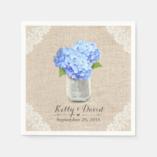 Rustic Burlap Mason Jar Blue Hydrangea Wedding Paper Napkins