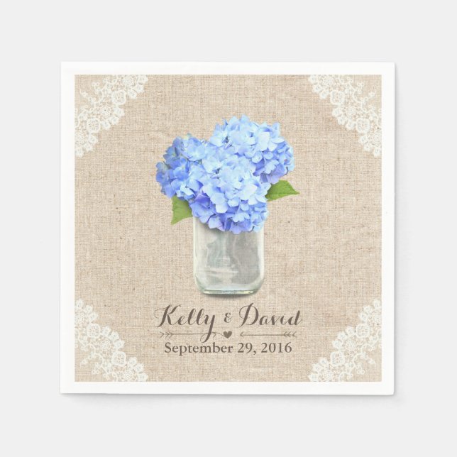 Rustic Burlap Mason Jar Blue Hydrangea Wedding Paper Napkins (Front)