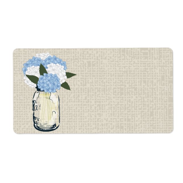 Rustic Burlap Mason Jar Blue Hydrangeas Label (Front)