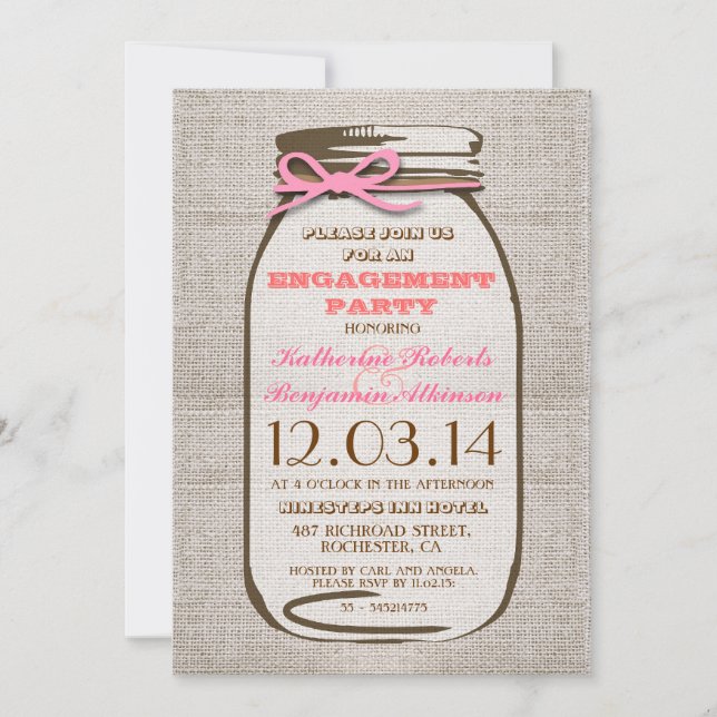 Rustic Burlap Mason Jar Engagement Party Invitation (Front)