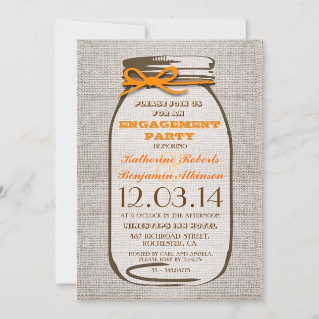 Rustic Burlap Mason Jar Engagement Party Invitation (Front)