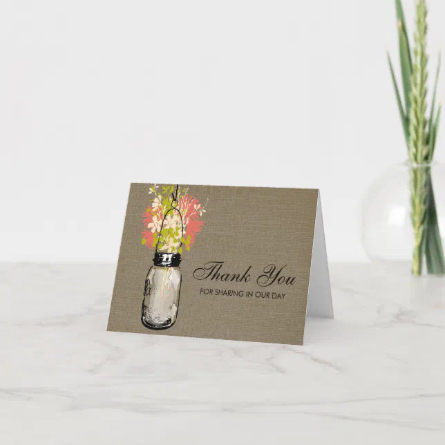 Rustic Burlap Mason Jar filled with Wildflowers Thank You Card | Zazzle