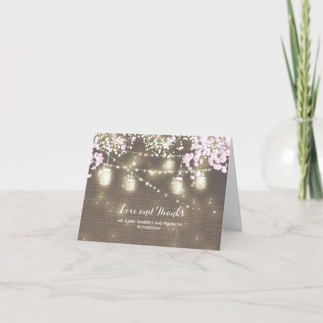Rustic Burlap Mason Jar Lights Wedding Thank You (Front)