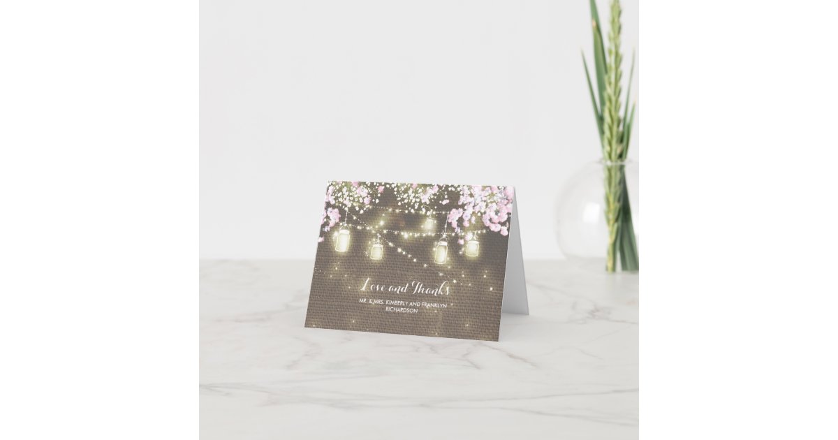 Rustic Burlap Mason Jar Lights Wedding Thank You Card | Zazzle