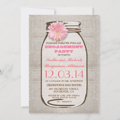 Rustic Burlap Mason Jar Pink Engagement Party Invitation