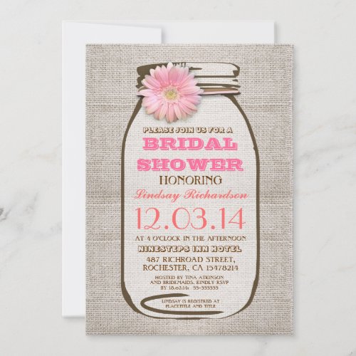 Rustic Burlap Mason Jar Pink Gerbera Bridal Shower Custom Invite