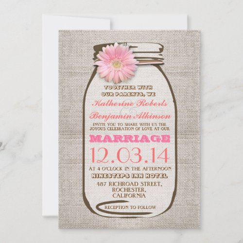 Rustic burlap mason jar pink gerbera wedding invitation