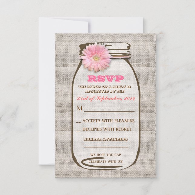 Rustic Burlap Mason Jar Pink Gerbera Wedding RSVP (Front)