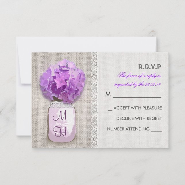 Rustic Burlap Mason Jar Pink Hydrangea RSVP Card (Front)