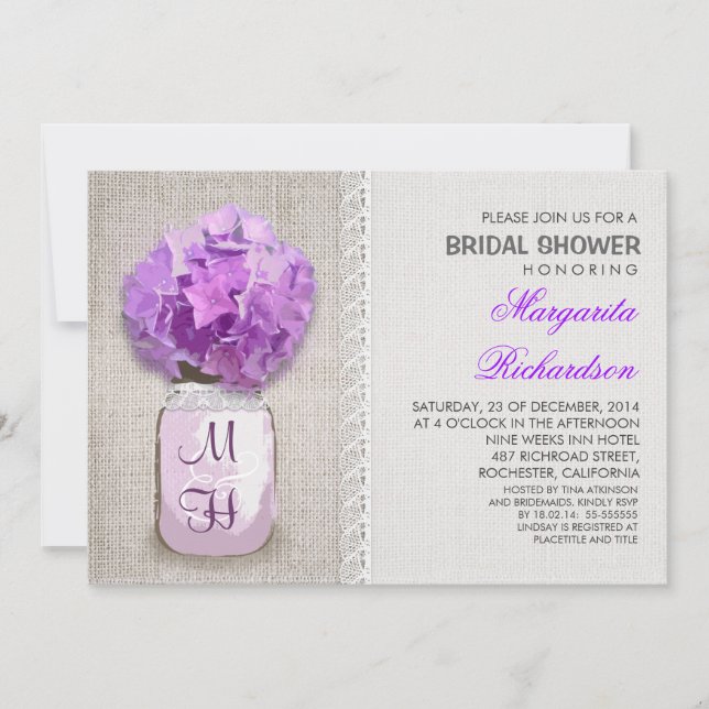Rustic Burlap Mason Jar Purple Bridal Shower Invitation (Front)