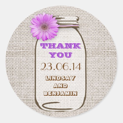 Rustic Burlap Mason Jar Purple Gerbera Wedding Classic Round Sticker