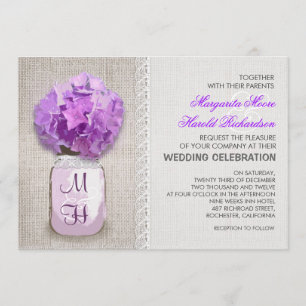 Rustic Burlap Mason Jar Purple Hydrangea Wedding Invitation