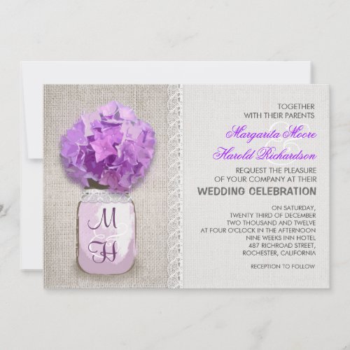 Rustic Burlap Mason Jar Purple Hydrangea Wedding Personalized Invitations