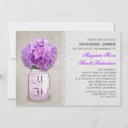 Rustic Burlap Mason Jar Purple Rehearsal Dinner Invitations
