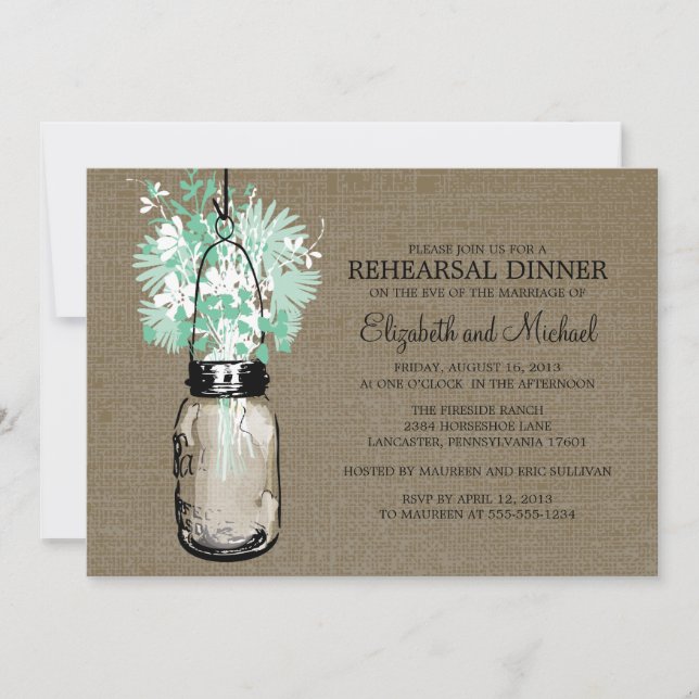 Rustic Burlap Mason Jar Rehearsal Dinner Invitation (Front)